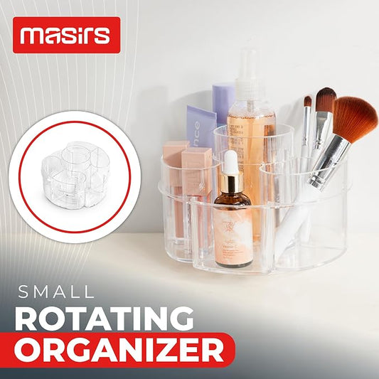 Masirs Small 360 Rotating Makeup Organizer - Mini Yet Spacious Cosmetic Storage Solution with Multiple Compartments - The Perfect Spinning Make-Up Caddy for Vanity or Bathroom Counter (Round - Clear)