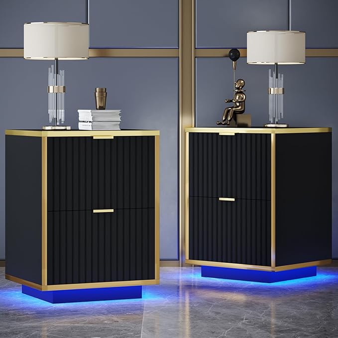 4ever2buy Black and Gold Nightstand Set of 2, Modern Bedside Table with LED Lights, End Table for Bedroom Living Room