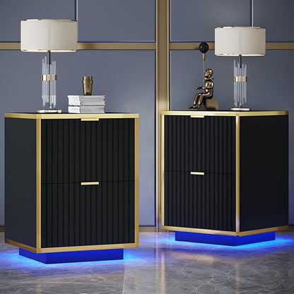 4ever2buy Black and Gold Nightstand Set of 2, Modern Bedside Table with LED Lights, End Table for Bedroom Living Room