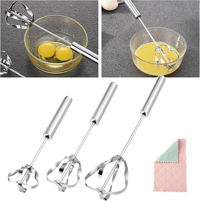2025 New Stainless Steel Semi-Automatic Whisk with Cleaning Cloth, Wisking Tool Stainless, Multifunctional Egg Beater for Cooking Kitchen Household Eggs Milk Hand Whisk Mixer (B4-New Model 3PCS)