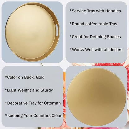 Round Gold Decorative Serving Tray with Handles, 13” Versatile Ottoman Tray for Coffee Table, Entertaining, Outdoor Patio, Living Room