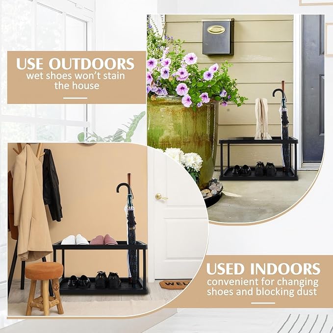 Cinnvoice 2 Tier Boot Shoe Organizer Rack with Umbrella Holder Plastic Waterproof Shoe Mat for Entryway Indoor Outdoor, 28 x 14.5 x 14.5 Inches