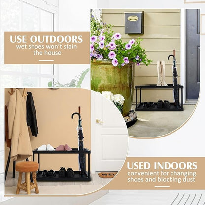 Cinnvoice 2 Tier Boot Shoe Organizer Rack with Umbrella Holder Plastic Waterproof Shoe Mat for Entryway Indoor Outdoor, 28 x 14.5 x 14.5 Inches