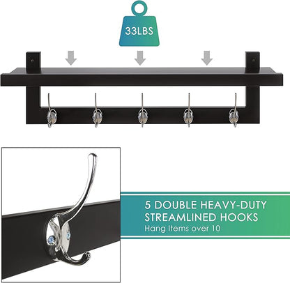 SMIBUY Coat Hooks with Shelf Wall-Mounted, 29.2 Inch Entryway Coat Rack for Wall, Bamboo Hanging Shelf with 5 Double Metal Hooks for Bathroom, Bedroom, Kitchen, Living Room, Mudroom (Black+Silver)