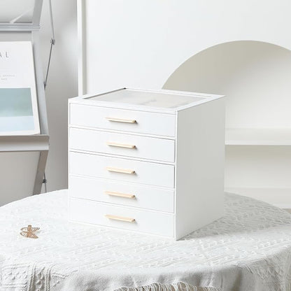 Frebeauty Clear Lid Jewelry Box,5-Layer Jewelry Organizer with Drawer,PU Leather Jewelry Organizers and Storage,Jewelry Boxes for Women,Jewelry Storage for Rings Earring Stud,Gift for Women(White)