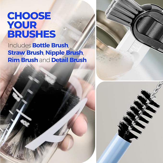 Holikme 6 Pack Bottle Brush Set, 14" Long Handle Stainless Steel Bottle Cleaner Brush, 3 Straw Brushes, 4-in-1 Bottle Cleaning Brush for Water Bottle, Antistatic Lab Brushes Straws, Black