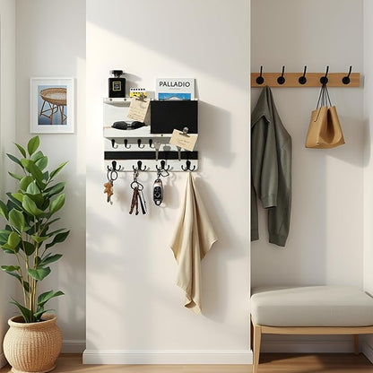 Key Holder for Wall Mount with Shelf and Mail Organizer, Key and Mail Holder with 16 Hooks, Farmhouse Entryway Organizer, Home Decor Rack (Pine Wood, White Washed)