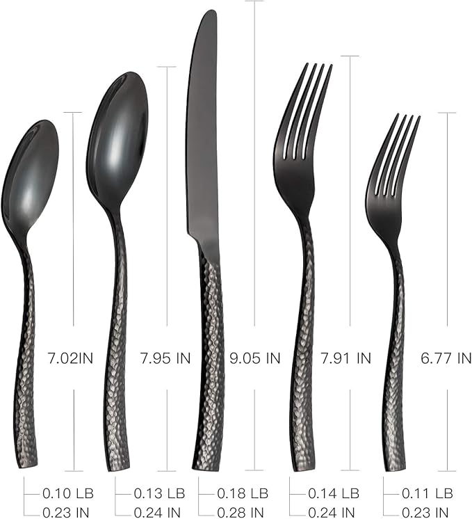 Kelenfer Silverware 45-Piece Black Hammered Flatware Set with Serving Utensils Stainless Steel Thick Handle Mirror Polished Cutlery Set for Wedding Hotel Restaurant, Service for 8