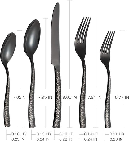 Kelenfer Silverware 45-Piece Black Hammered Flatware Set with Serving Utensils Stainless Steel Thick Handle Mirror Polished Cutlery Set for Wedding Hotel Restaurant, Service for 8