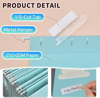 25-Pack Hanging File Folders, Letter Size, Includes 35 Transparent Label Cards & 50 Sticker Labels,1/5-Cut Tabs for Home & Office Organization(Light Blue)