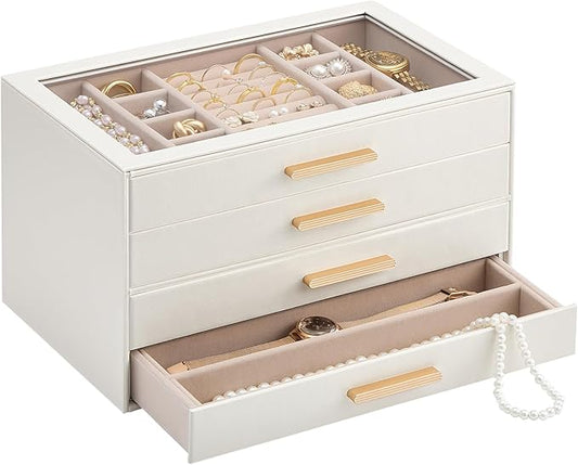 Lolalet Jewelry Box Organizer, 4-Layer Jewelry Organizers and Storage Case with Glass Lid, Ring Earring Bracelet Necklace Holder Organizer, Birthday Valentine Gifts for Women Girls -4Layer, Beige