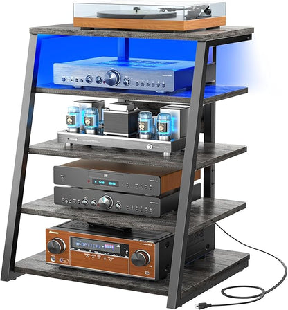 Armocity 5-Tier AV Media Stand with Power Strips, Media Console with LED Lights, Audio Tower Rack with Adjustable Shelves, Stereo Stands and Racks, 40.8'', Grey Oak