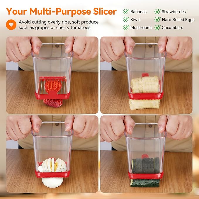 Fruit Slicer Cup for Strawberry, Banana, Hard-Boiled Egg - Detachable Cutter with Push Plate - Rapid & Safe Slicing Kitchen Gadget for Quick Meal Prep (Red)