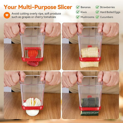 Fruit Slicer Cup for Strawberry, Banana, Hard-Boiled Egg - Detachable Cutter with Push Plate - Rapid & Safe Slicing Kitchen Gadget for Quick Meal Prep (Red)