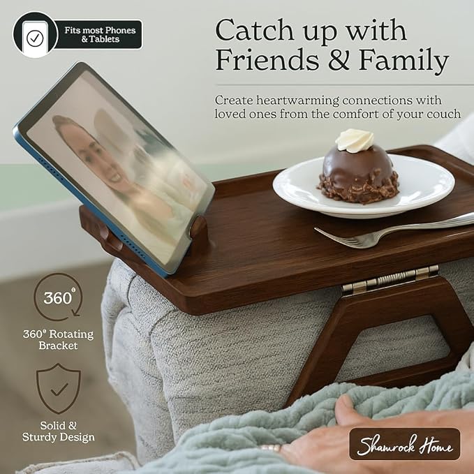Shamrock Home Bamboo Couch Arm Table with Device Holder, Clip On Tray. for TV Dinners, Remotes, Drinks, Snacks and Small Spaces (Rectangular with Device Holder, Brown, Regular 13.75 x 9.5)