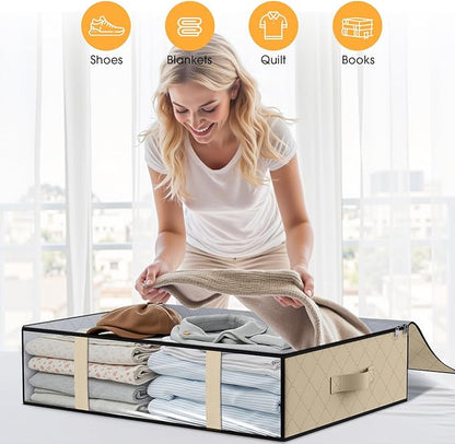 StorageRight Under Bed Storage Bags 8 Pack, 40L Large Clothes & Comforter Storage Containers with Clear Window, Breathable Fabric Organizer for Blankets, Bedding, Seasonal Clothing, Beige