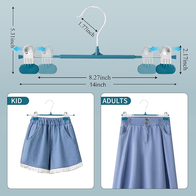 14Inch Clothes Pants Hangers with Wide Clips 20 Pack,Non-Slip Adjustable Skirt Hanger for Women,Space-Saving Heavy Duty Men Hangers for Pants,Trousers,Jeans,Shorts,Blue