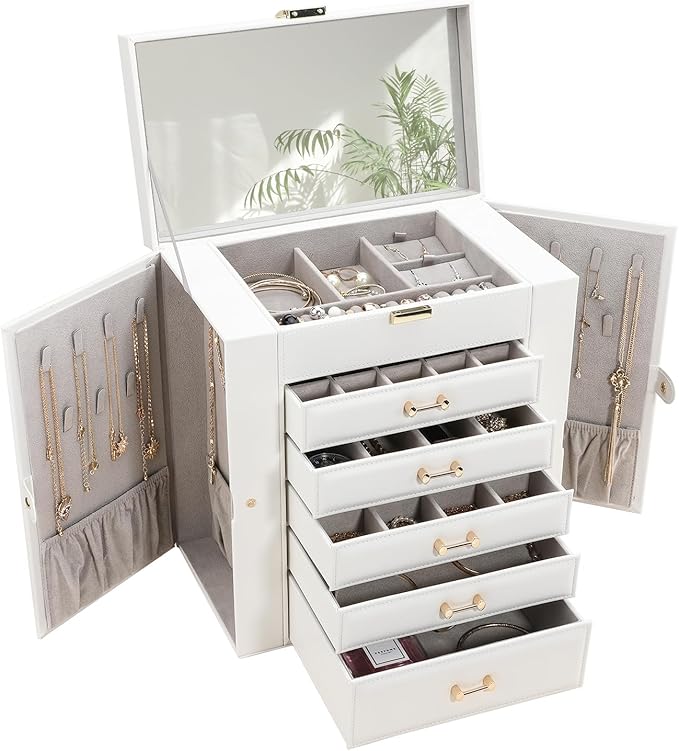 Jewelry Box for Women, Large Jewelry Organizer Tary, Jewelry Holder Organizers and Storage for Earring, Ring, Necklace, Bracelets(White)
