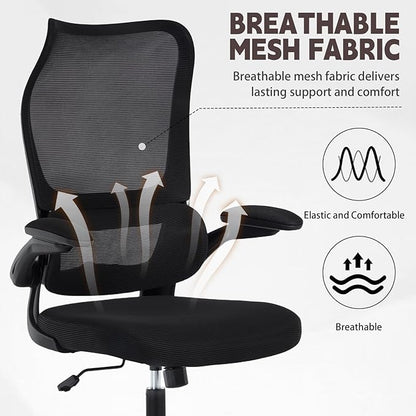 Ergonomic Office Chair, High Back Breathable Mesh Computer Desk Chair with Adjustable Lumbar Support and Flip-Up Armrests, 300LB Capacity Executive Swivel Task Gaming Seat for Home and Office (Black)