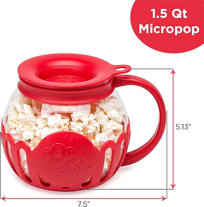 Ecolution Patented Micro-Pop Microwave Popcorn Popper with Temperature Safe Glass, 3-in-1 Lid Measures Kernels and Melts Butter, Made Without BPA, Dishwasher Safe, 1.5-Quart, Red (Pack of 4)