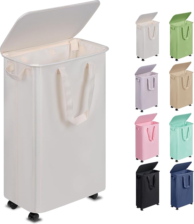 Vincona Slim Laundry Hamper with Lid and Wheels, Small Rolling Laundry Basket with Handle for Small Spaces, Tall Dirty Clothes Hampers for Dorm, Bathroom and Bedroom, 55L, Beige