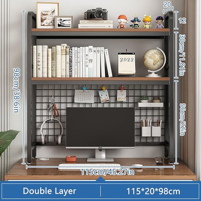 Desktop Hutch Bookshelf, 2-Tier Metal Desk Shelf with Grid Panel, Wooden Desktop Display Rack for Computer Monitor, Countertop Storage Organizer for Office Home Dorm (115cm Black)