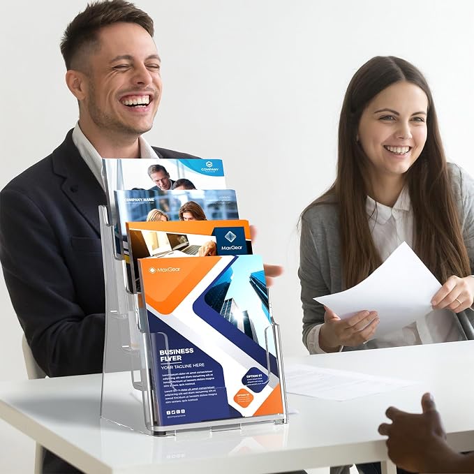 MaxGear Acrylic Brochure Holder 8.5 x 11 inch, 4 Tier Clear Literature Organizer Magazine Stand Display with Removable Divider for 4 x 9 inch Brochures, Pamphlet, Wall Mount or Countertop, 2 Pack