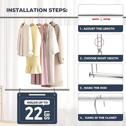 STO STO 2 Pack Closet Hanging Rod, Length and Height Adjustable Closet Rod, Space Saving Metal Closet Extender Hanging Bar for Hanging Clothes, Closet, Chrome
