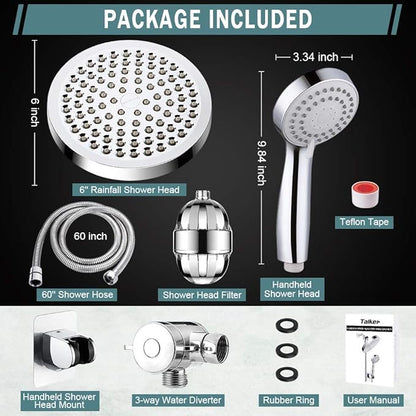 Taiker Filtered Shower Head, High Pressure Rainfall Shower Head/Handheld Shower Filter Combo, Luxury Modern Chrome Plated with 60'' Hose Anti-leak with Holder (Silver)