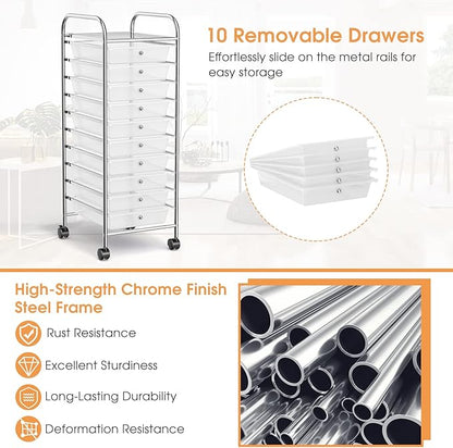 RELAX4LIFE Storage Cart W/10 Drawers,Rolling Wheels Semi-Transparent Multipurpose Mobile Cart for School, Office, Home, Beauty Salon Files Arrangement Storage Organizer Cart (Clear)