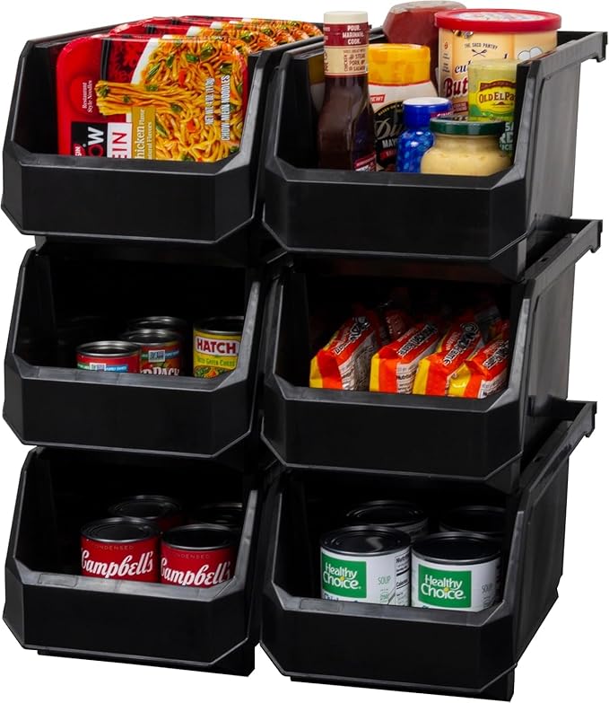 ReadySpace Plastic Containers for Organizing and Storage Bins for Closet, Kitchen, Office, Garage or Pantry Organization, Stackable Bins, Large (14.8" x 8" x 7"), 6-Pack, Black