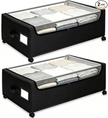 Under Bed Storage with Wheels, 2-Pack Under the Bed Storage Containers with Clear Lids & Label, Underbed Storage Bins, XXXL 85L 11 inches Rolling Metal Drawer for Clothes, Shoes, Toys, Books - Black