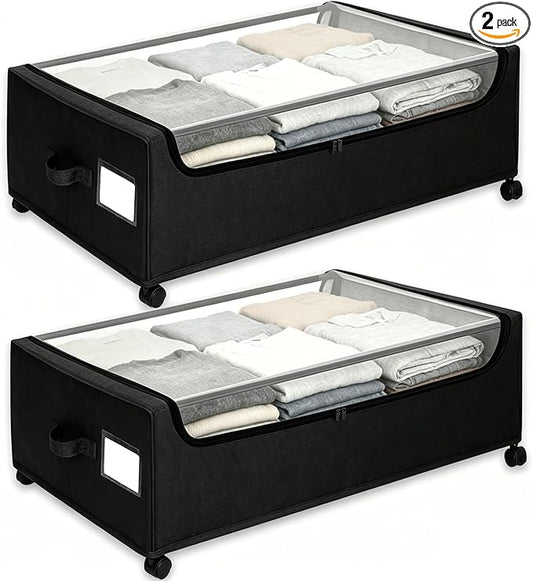 Under Bed Storage with Wheels, 2-Pack Under the Bed Storage Containers with Clear Lids & Label, Underbed Storage Bins, XXXL 85L 11 inches Rolling Metal Drawer for Clothes, Shoes, Toys, Books - Black