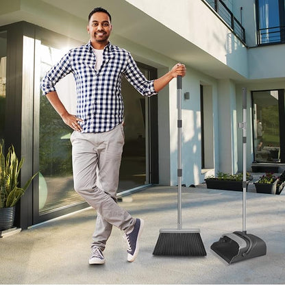 Broom and Dustpan Set for Home, Office, Indoor&Outdoor Sweeping, Stand Up Broom and Dustpan (Black&Gray)