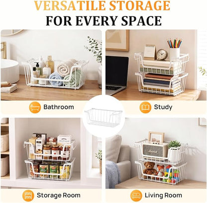 SUNALLY Stackable Storage Bins 4 Pcs Wire Baskets for Pantry Organizers and Storage, Vegetable Fruit Storage Basket for Countertop Organizer,Kitchen Baskets for Onion Potato Snack Cans Storage,White