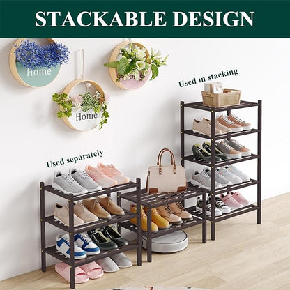 Smiry Small Bamboo Shoe Rack 3-Tier, Stackable Wooden Shoe Organizer for Entryway & Closet, Free Standing Wood Shoe Storage Shelf for Front Door & Small Spaces, Brown