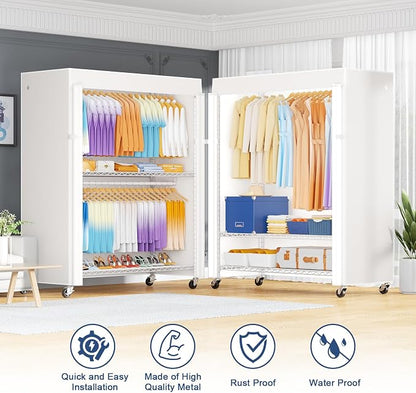 ULIFHOME P8C Max Heavy Duty Clothes Rack（With Extended Width Design） Rolling Clothing Racks for Hanging Clothes with Lockable Wheels，51.2"W x 15.8"D x 80.5"H，Load 800LBS，White Rack with White Cover