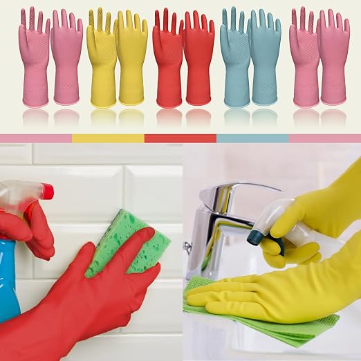 Kitchen Gloves for Washing Dishes - 5 Pairs Rubber Cleaning Gloves for Household Cleaning Gardening, Non-Slip Dishwashing Gloves Reusable for Women Men Large