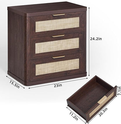 LEYAOYAO Rattan Night Stand with Drawers, 23" Large 3 Drawer Boho Nightstand, Walnut Bedside Table Storage Cabinet, Bed Side End Tables Dresser for Bedroom, Living Room, Hallway, Closet