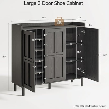 ONBRILL Shoe Cabinet with 3 Doors and Adjustable Shelves, 30 Pairs Shoe Storage Cabinet, 40 Inch Tall Farmhouse Shoe Rack Shoe Organizer Cabinet for Entryway Living Room Closet, Black