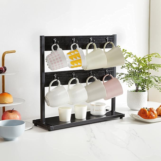 IBUYKE Wood Coffee Mug Holder for Countertop,16 Hook Mug Tree Holder Rack with Storage Base,Mug Display Organizer,Mug Holders for Home Kitchen,Black UTBJ001B