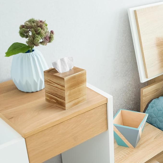 ALELION Tissue Box Cover Square - Wooden Tissue Box Holder for Tabletop Night Stands Bathroom Office - Decorative Brown Facial Cube Tissue Box Cover