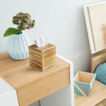 ALELION Tissue Box Cover Square - Wooden Tissue Box Holder for Tabletop Night Stands Bathroom Office - Decorative Brown Facial Cube Tissue Box Cover