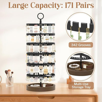 iDavosic.ly 6 Tier Rotating Earring Holder Organizer with Wooden Tray, Large Dangle Display Stands Tree with 342 Plastic Grooves, Adjustable Hoop Storage Rack, Space Saving Tower, Black & Brown