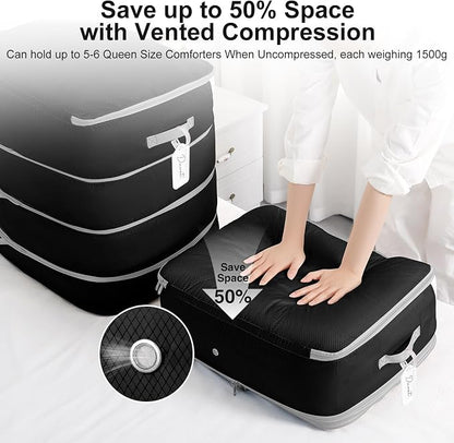 Comforter Storage Bag - 130L Large Capacity Blanket Storage Bags 4-Layer Ultra Space Saving Self Compression Organizer, Washable Compression Bags for Storage Comforter Blanket, 4-Pack, Black