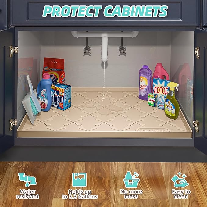 SIKADEER 22" x 22" Under Sink Mat Waterproof, Silicone Mat Kitchen Drawer Shelf and Cabinet Liner, Sink Protector for Kitchen Organizers and Storage, Boot Tray Pet Food Mats