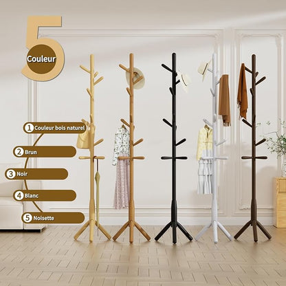 Solid Wood Coat Rack, Freestanding Tree-Shaped Coat Rack with 11 Hooks, Main Pole 1.6" dia for Clothes, Hat Stand Used in Bedroom/Office/Entryway (3-Leg Base, Black)