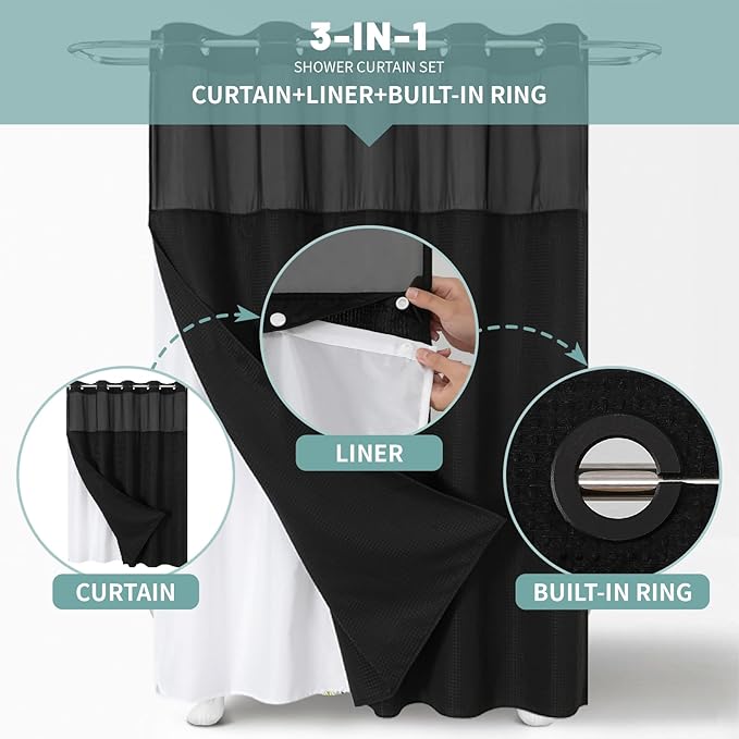Black No Hook Waffle Weave Shower Curtain with snap-in Liner Replacement, 230GSM Waterproof Fabric Hotel Shower Curtain Set for Bathroom, Through Mesh Top Window,71Wx74H