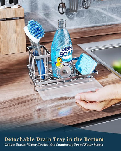 Consumest Sink Caddy, Kitchen Sponge Holder with Dish Brush Holder, Kitchen Organizer with Drip Tray for Countertop, Stainless Steel Rustproof - Silver