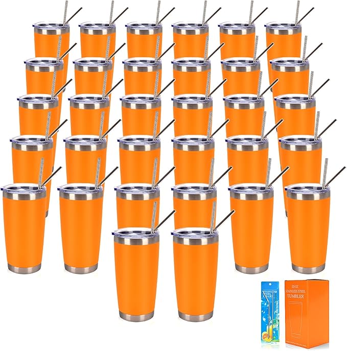 IEOVIEE 32 Pack, 20oz Stainless Steel Bulk Tumblers with Lids and Straws, Double Wall Insulated Travel Coffee Mug, Durable Powder Coated Tumbler Bulk Cup for Cold and Hot Drinks(Orange)